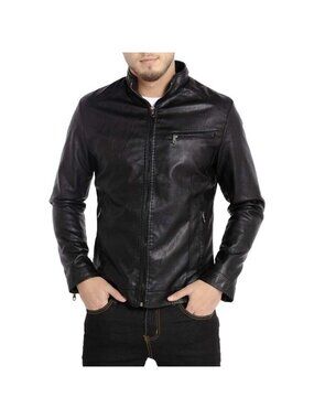 Brand New Men's Black Leather Stand Collar Moto Biker Zip Faux Jacket